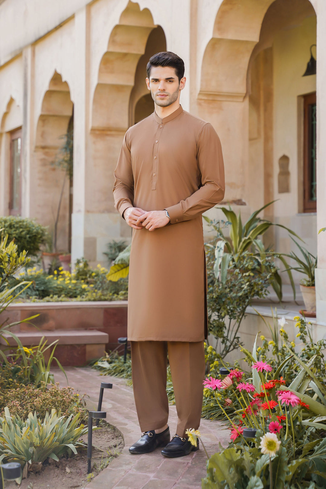 Misaal by Divinely Crafted Solids Shalwar Kameez For Men Coffee Brown Blended SK450-0325-CB - Summer Collection