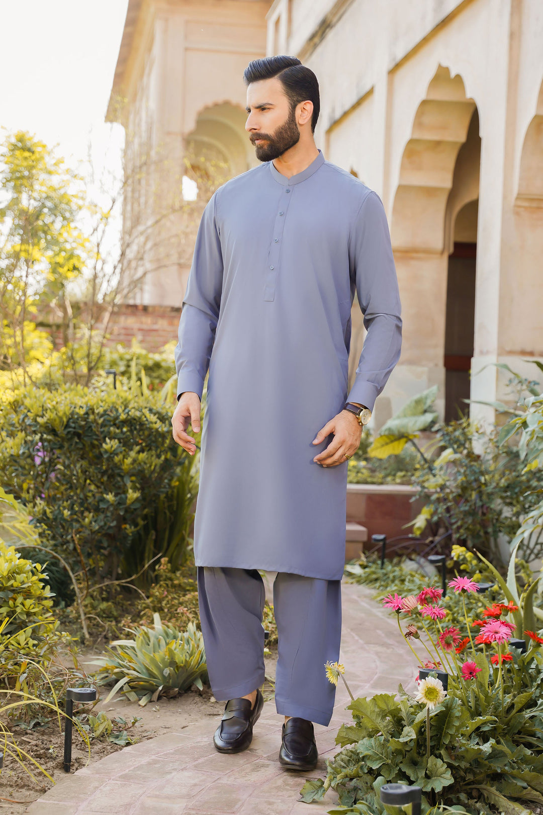 Divinely Crafted Men Ready To Wear Solids Cotton Shalwar Kameez Steel Grey - Summer Collection