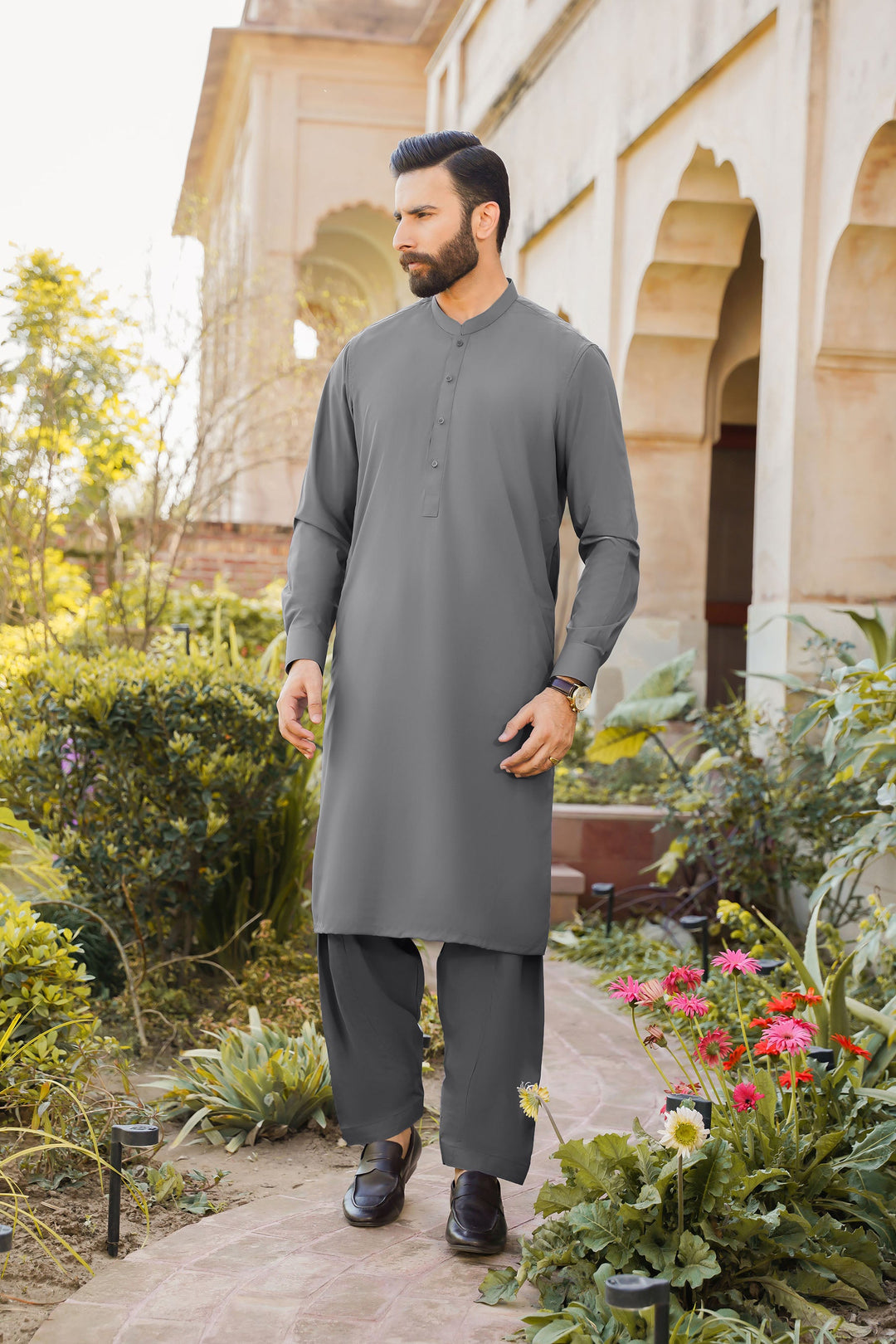 Divinely Crafted Men Ready To Wear Solids Cotton Shalwar Kameez Urban Grey - Summer Collection