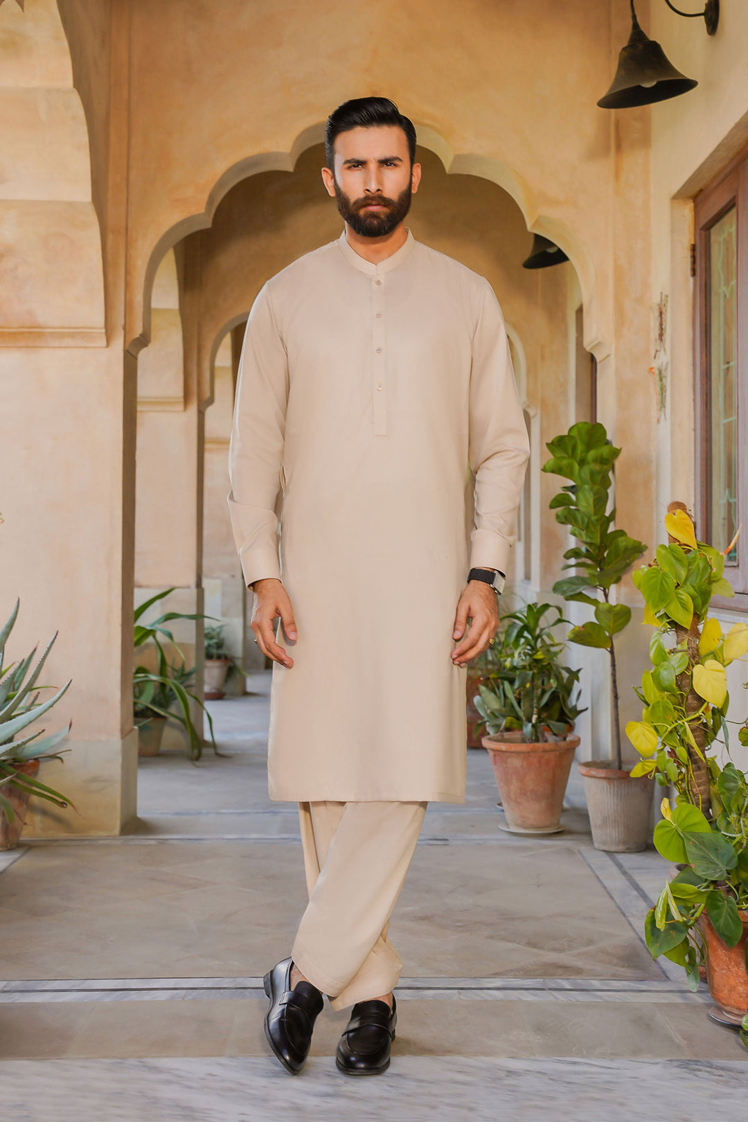 Misaal by Divinely Crafted Solids Shalwar Kameez For Men Taupe Brown Blended SK475-0325-TB - Summer Collection