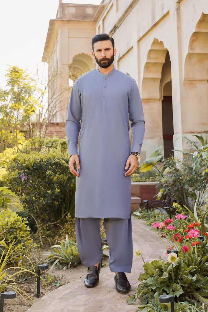 Divinely Crafted Men Ready To Wear Solids Cotton Shalwar Kameez Steel Grey - Summer Collection