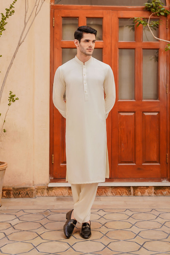 Divinely Crafted Men Ready To Wear Solids Cotton Shalwar Kameez Eggshell White Boski - Summer Collection