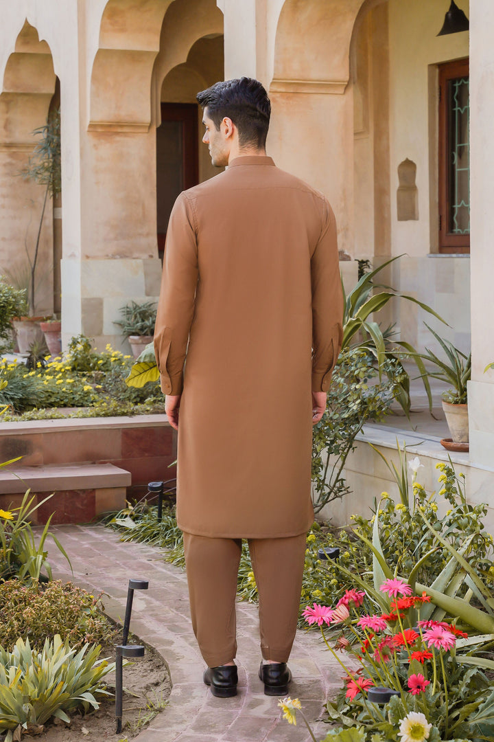 Misaal by Divinely Crafted Solids Shalwar Kameez For Men Coffee Brown Blended SK450-0325-CB - Summer Collection
