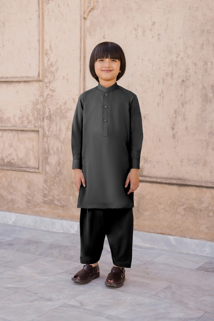 Paasban by Divinely Crafted Solids Blended 2 Piece Shalwar Kameez For Kids Jet Black - Summer Collection