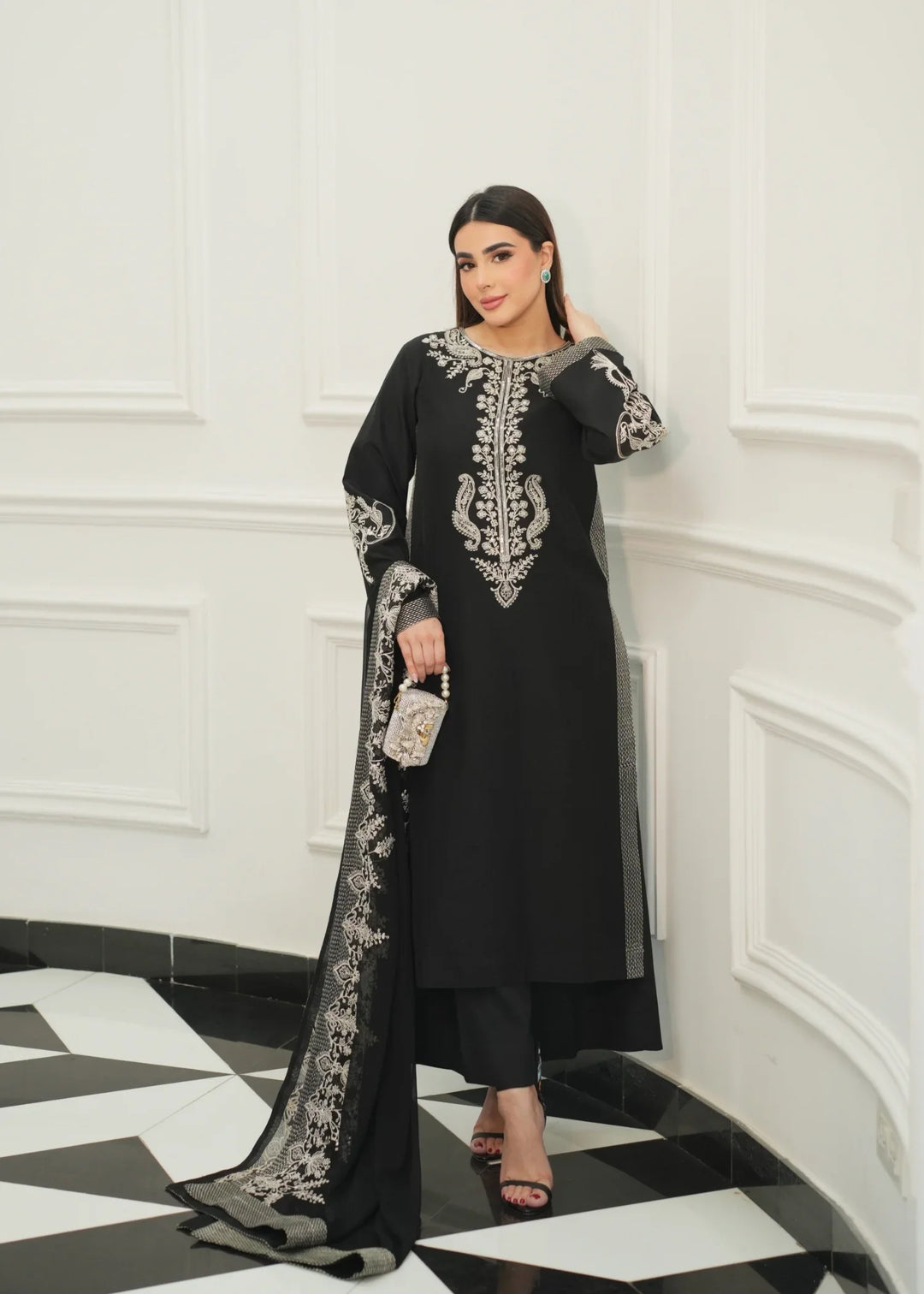 Silk Atelier by Jamni RTW Embroidered Korean Silk 3 Piece Suit MIDNIGHT BOW Festive Collection