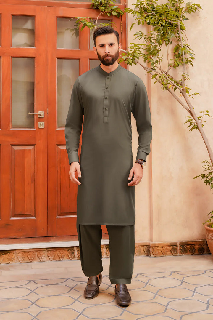Misaal by Divinely Crafted Solids Shalwar Kameez For Men Moss Green Blended SK340-0725-MG - Summer Collection
