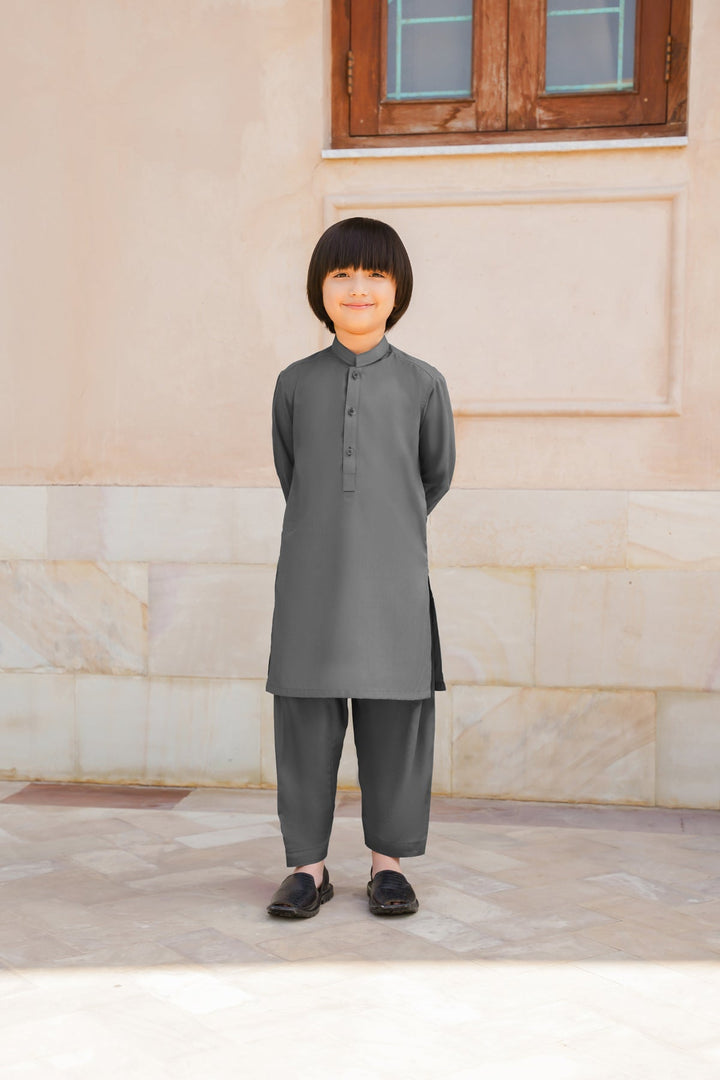 Paasban by Divinely Crafted Solids Blended 2 Piece Shalwar Kameez For Kids Pebble Grey - Summer Collection
