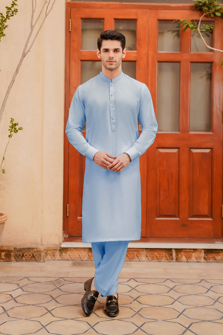 Misaal by Divinely Crafted Solids Shalwar Kameez For Men Sky Blue Blended SK400-0725-SB - Summer Collection