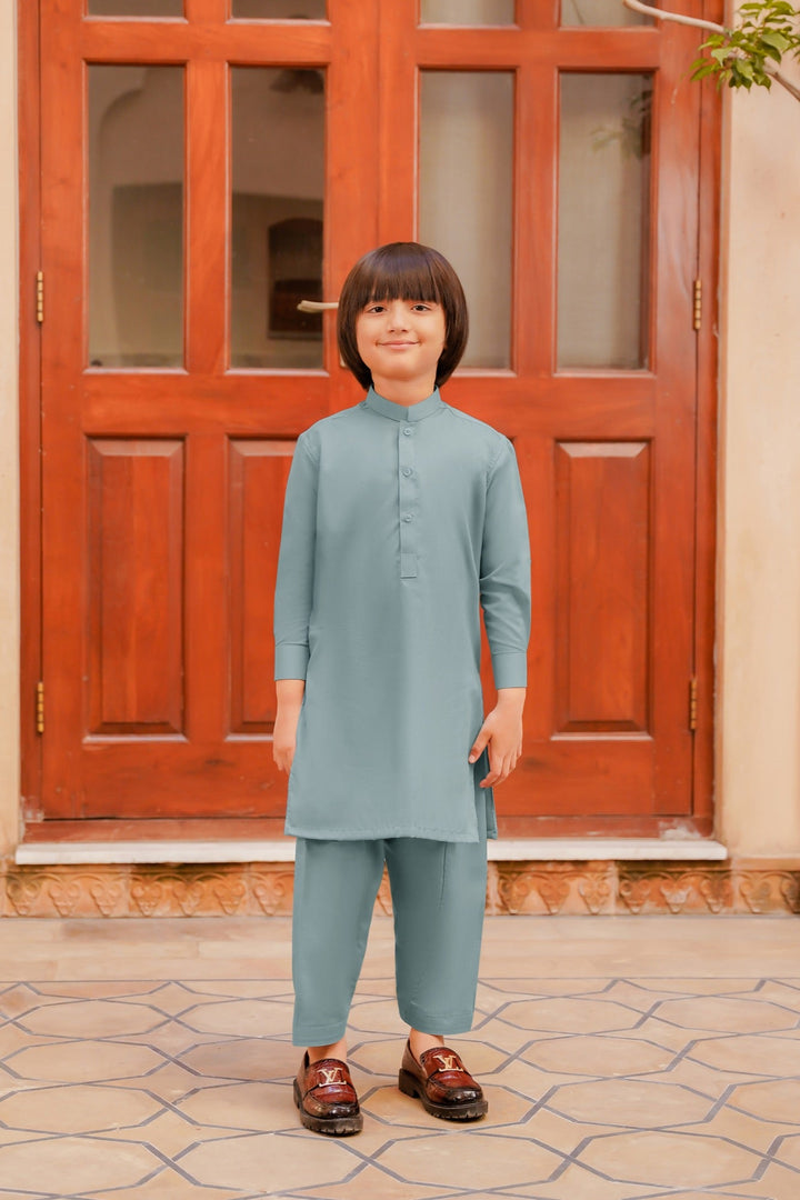 Paasban by Divinely Crafted Solids Blended 2 Piece Shalwar Kameez For Kids Powder Blue - Summer Collection
