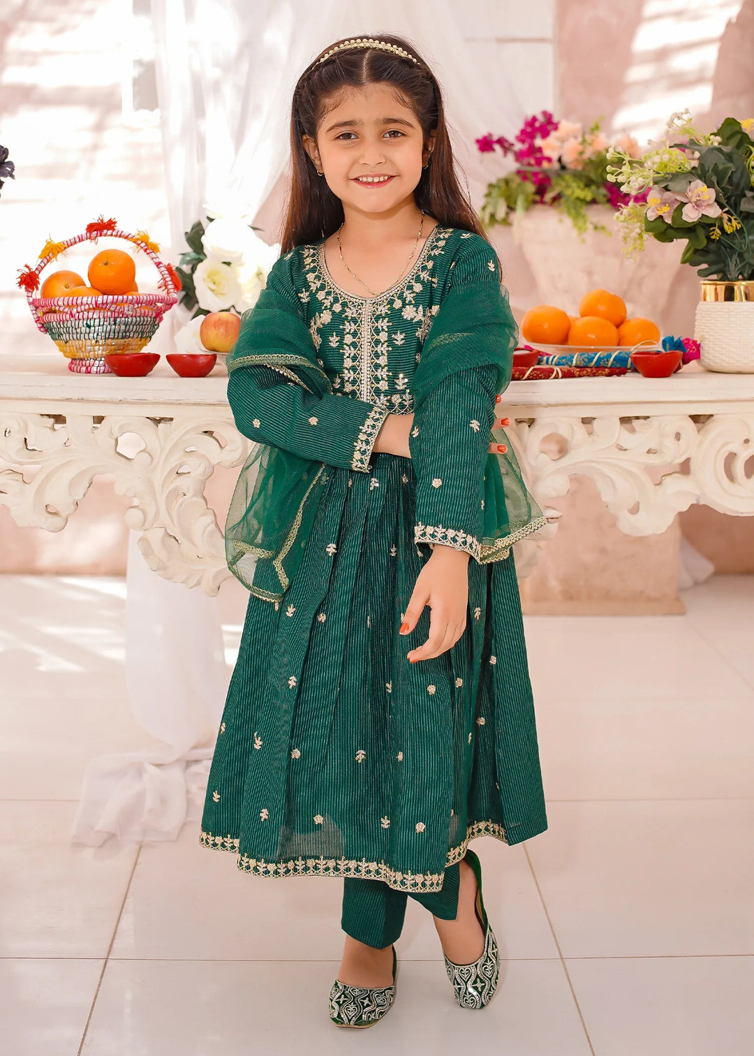 Modest Girls RTW Embroidered Cotton 3 Piece Suit Green Festive Collection