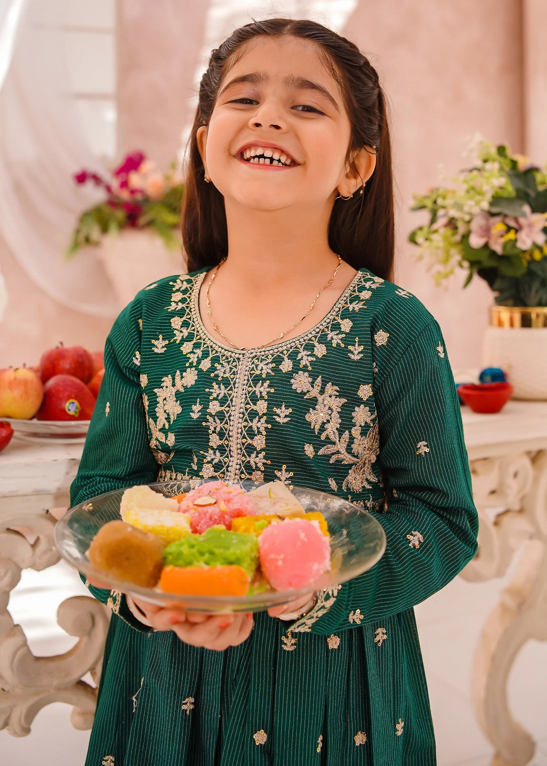 Modest Girls RTW Embroidered Cotton 3 Piece Suit Green Festive Collection