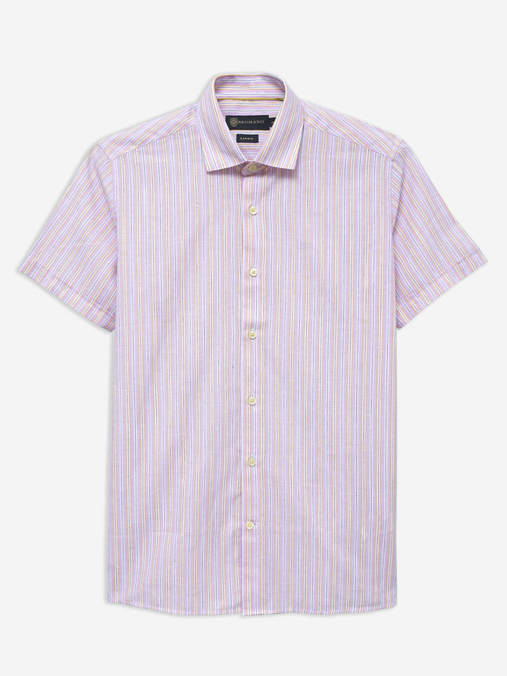 Brumano Ready To Wear Shirts Men 1 Piece Cotton Pink Linen Striped Half Sleeve Shirt 0-33-024-3351 - Summer Collection