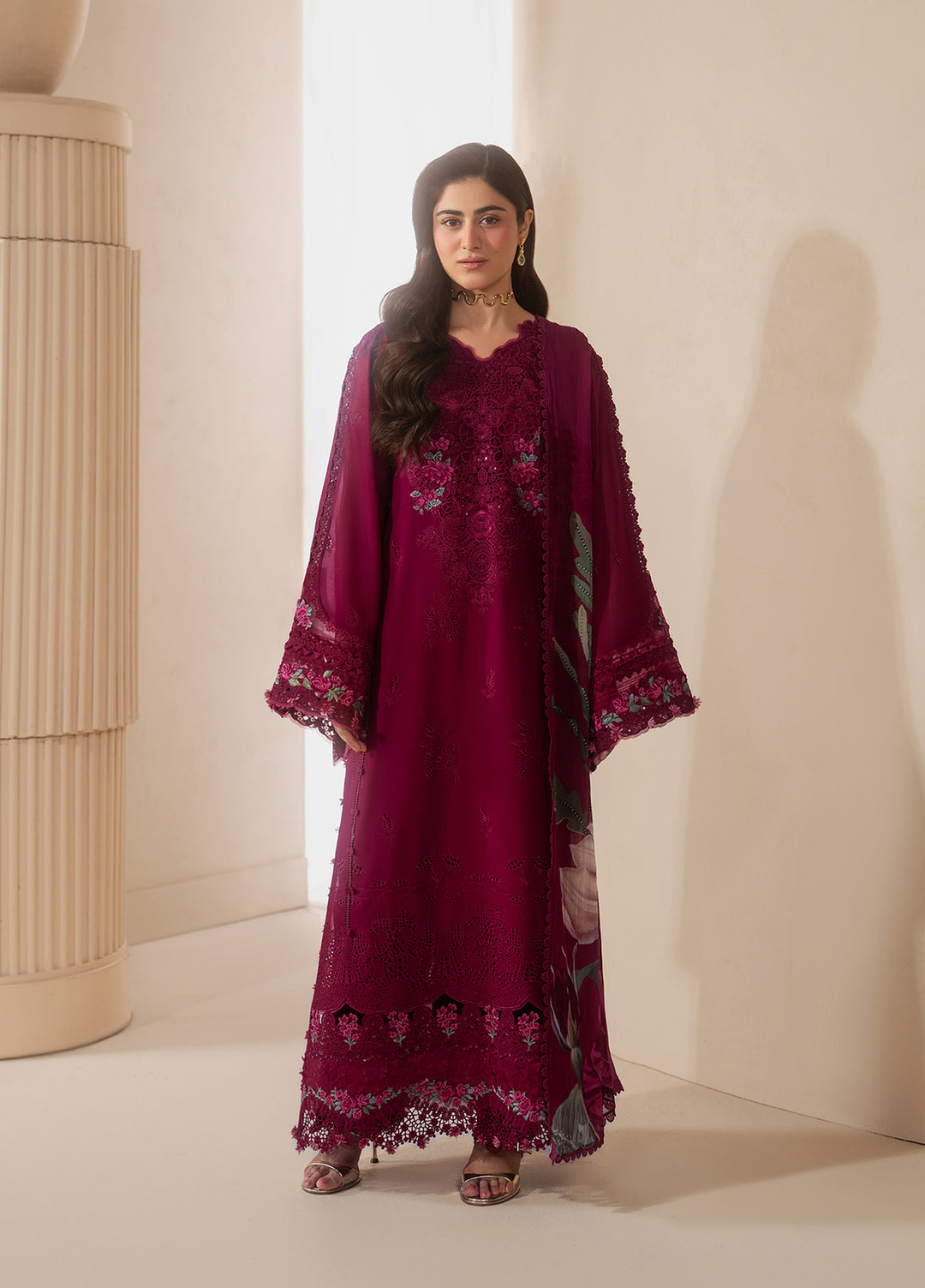 E-Craft by Elaf Unstitched Embroidered Lawn 3 Piece Suit EHC-4A Garnet - Casual Collection