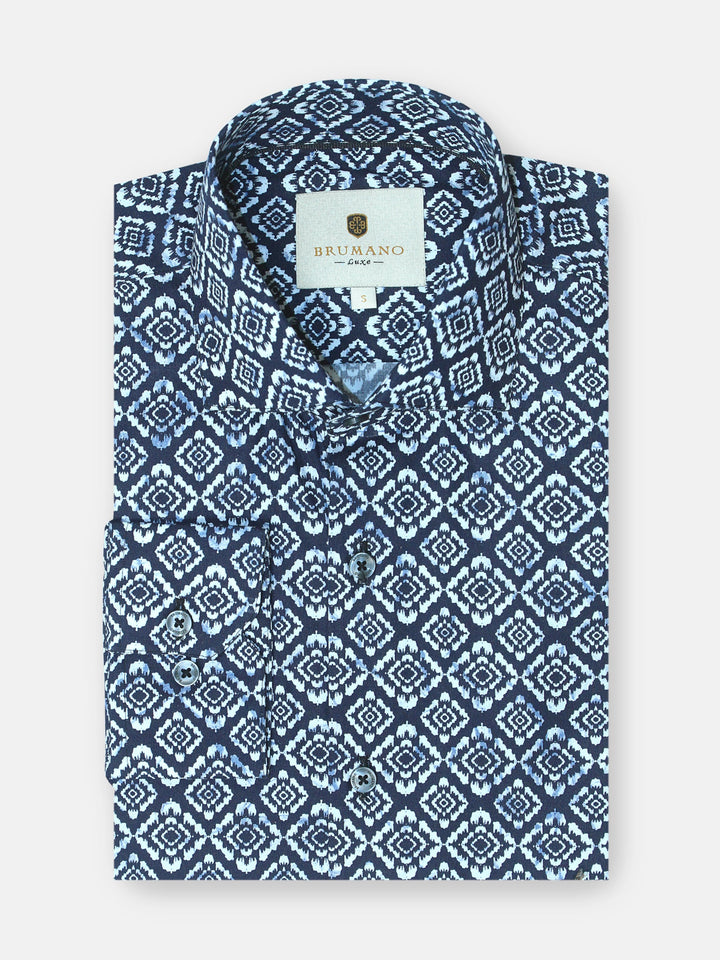 Brumano Ready To Wear Shirts Men 1 Piece Cotton Navy Blue & White Motif Printed Shirt 0-32-024-3182 - Summer Collection