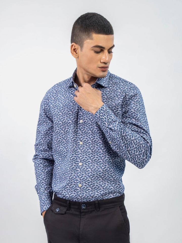 Brumano Ready To Wear Shirts Men 1 Piece Cotton Navy Blue Abstract Printed Shirt With Classic Collar 0-31-024-5095 - Summer Collection