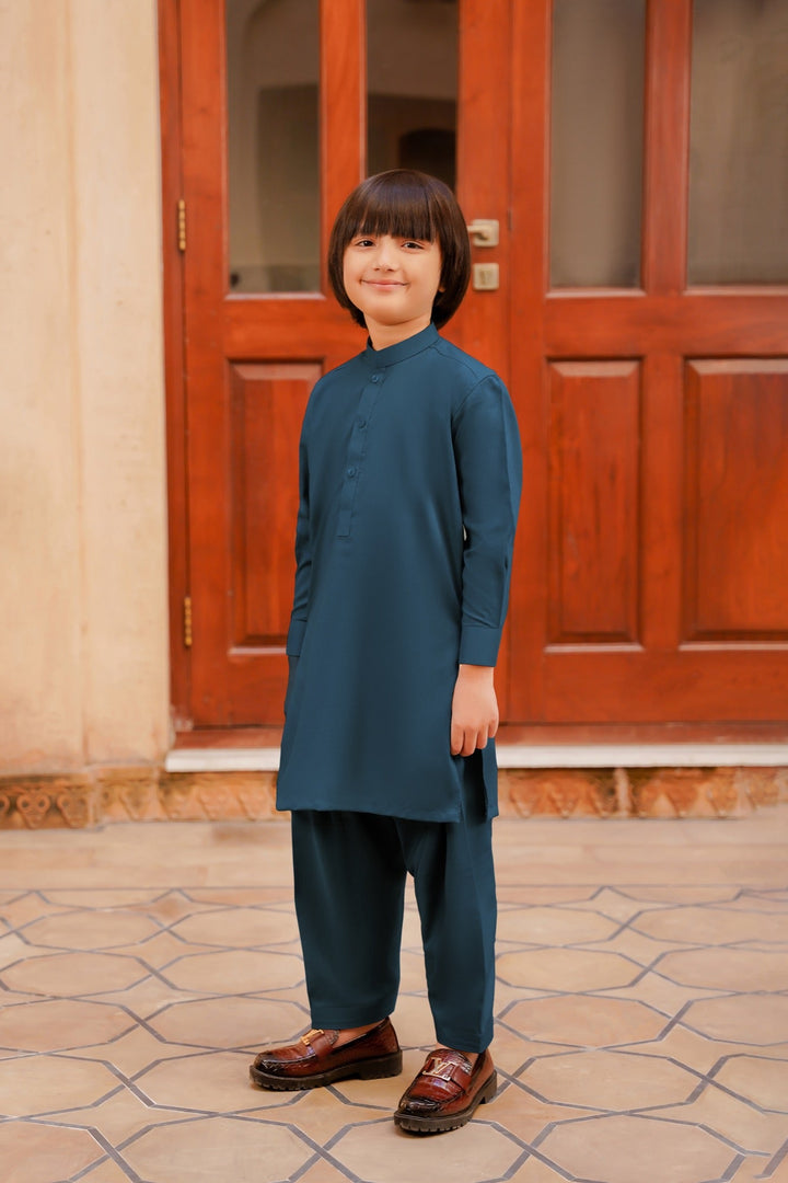 Paasban by Divinely Crafted Solids Blended 2 Piece Shalwar Kameez For Kids Fleet Blue - Summer Collection