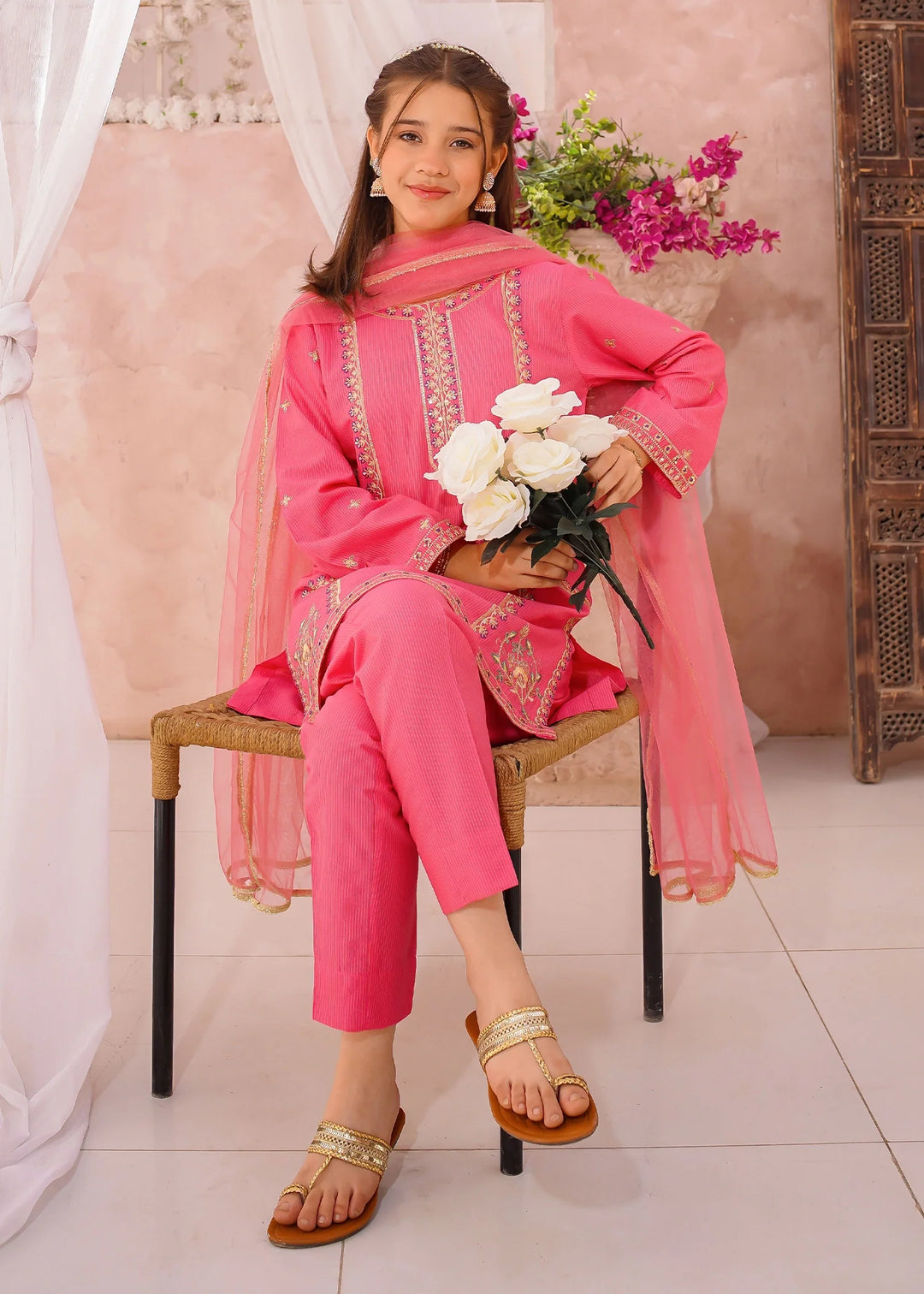 Modest Girls RTW Embroidered Cotton 3 Piece Suit Pink Festive Collection