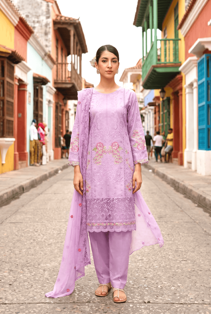 Celestia Luxe by Maherposh RTW Chikankari Lawn 3 Piece Suit Lilac Muse SS-203 Casual Collection