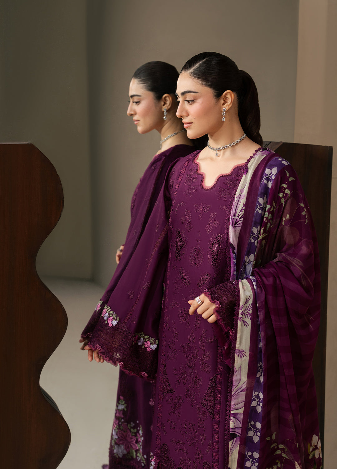 E-Craft by Elaf Unstitched Embroidered Lawn 3 Piece Suit EHC-2B Cassis - Casual Collection