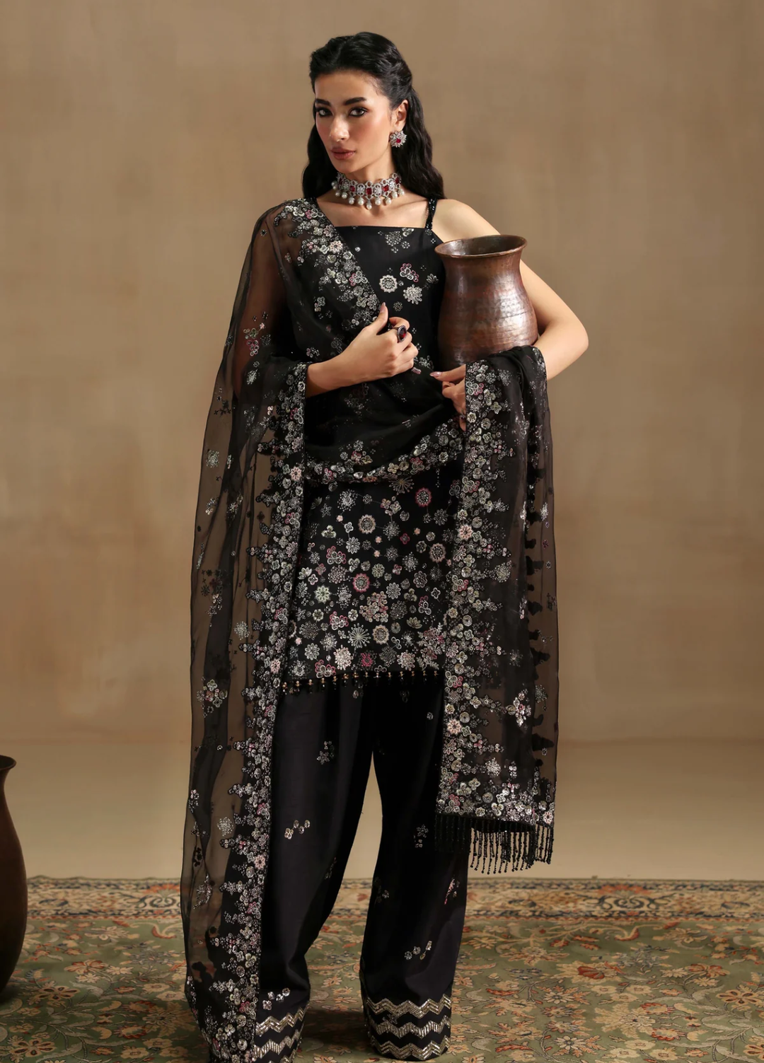 Sable Vogue Unstitched Embroidered Raw Silk 3 Piece Suit SV26UL FC-03-25 Black - Summer Collection