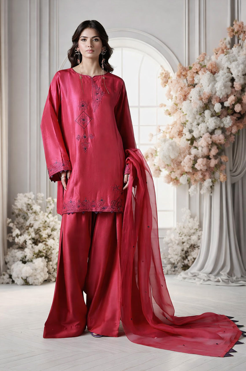 Mehr From Nizka By Nida Rehan RTW Embroidered Butter Silk 3 Piece Suit Lina - Festive Collection