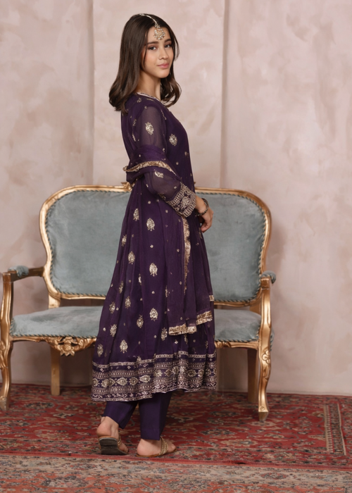 Mommy and Me by Abaan Zohan RTW Embroidered Chiffon 3 Piece Suit Raunak Kids Purple - Festive Collection