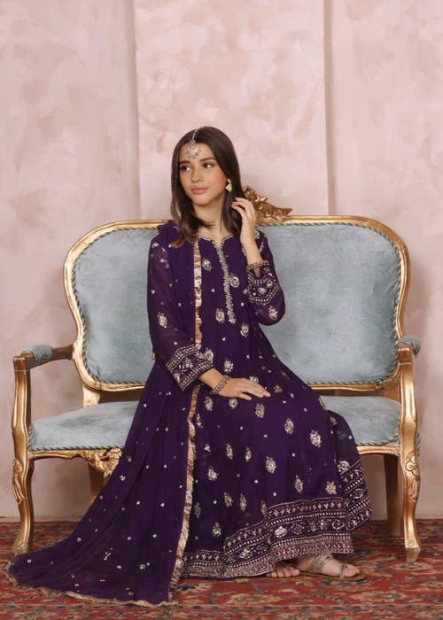 Mommy and Me by Abaan Zohan RTW Embroidered Chiffon 3 Piece Suit Raunak Kids Purple - Festive Collection