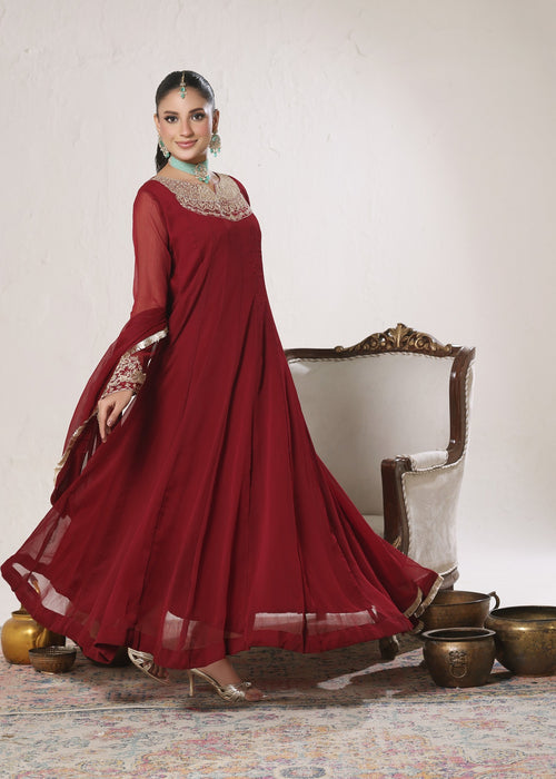 Abaan Zohan Women RTW Embroidered Chiffon 3 Piece Suit Nelofer Maroon - Festive Collection