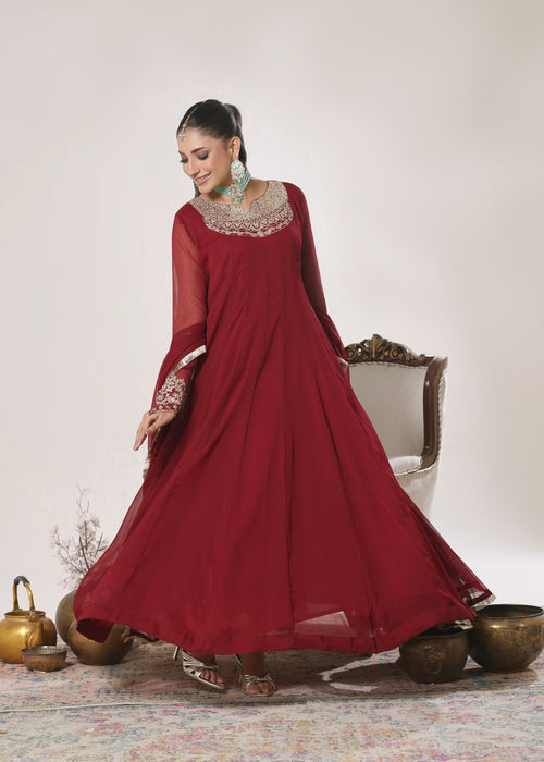 Abaan Zohan Women RTW Embroidered Chiffon 3 Piece Suit Nelofer Maroon - Festive Collection