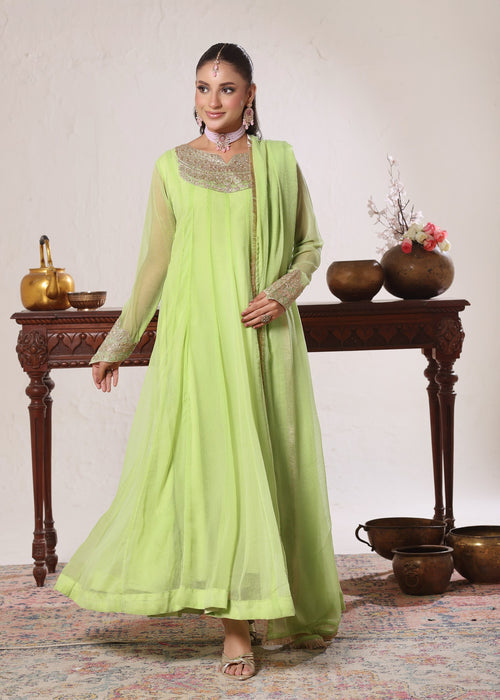 Abaan Zohan Women RTW Embroidered Chiffon 3 Piece Suit Nelofer Green - Festive Collection