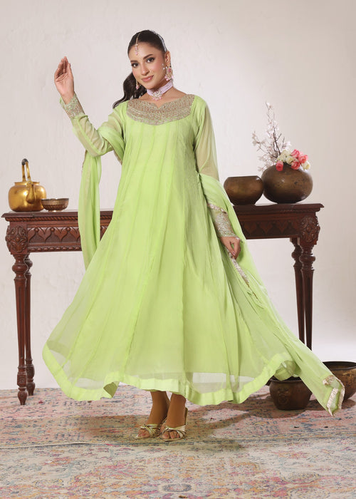Abaan Zohan Women RTW Embroidered Chiffon 3 Piece Suit Nelofer Green - Festive Collection