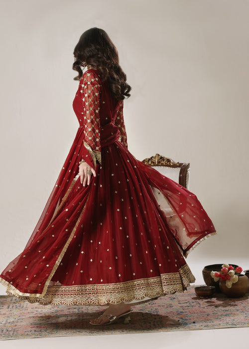 Abaan Zohan Women RTW Embroidered Chiffon 3 Piece Suit Bahar Maroon - Festive Collection