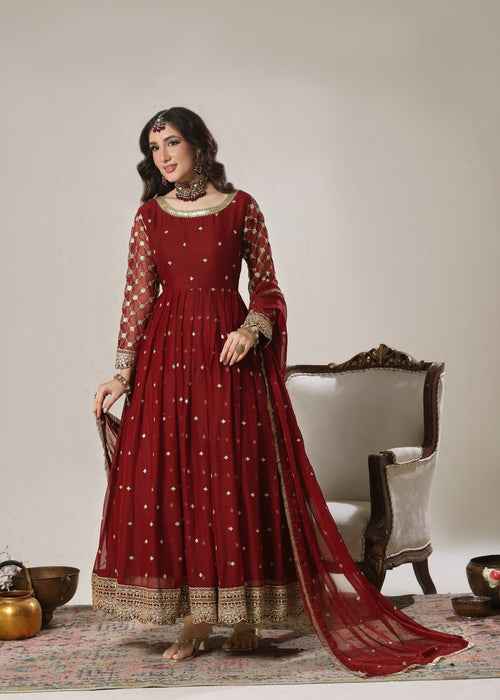 Abaan Zohan Women RTW Embroidered Chiffon 3 Piece Suit Bahar Maroon - Festive Collection
