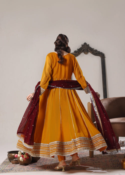 Abaan Zohan Women RTW Embroidered Chiffon 3 Piece Suit Hooriya Mustard - Festive Collection