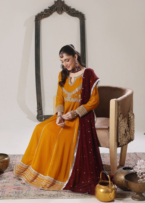 Abaan Zohan Women RTW Embroidered Chiffon 3 Piece Suit Hooriya Mustard - Festive Collection