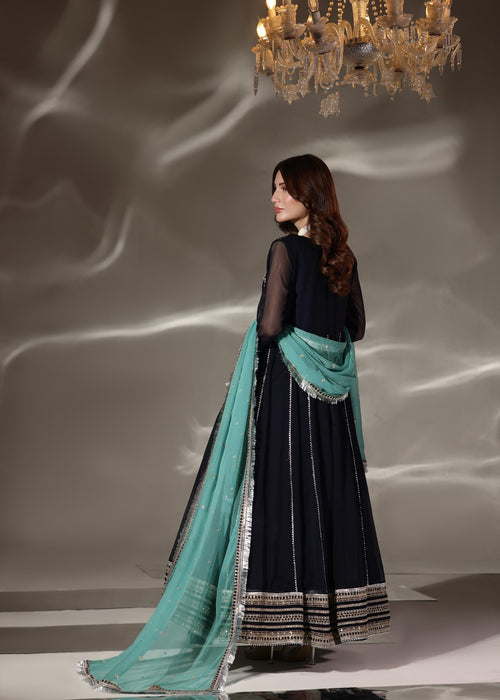 Abaan Zohan Women RTW Embroidered Chiffon 3 Piece Suit Hooriya Navy Blue - Festive Collection