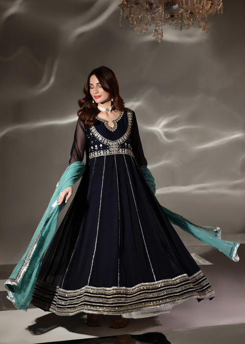 Abaan Zohan Women RTW Embroidered Chiffon 3 Piece Suit Hooriya Navy Blue - Festive Collection