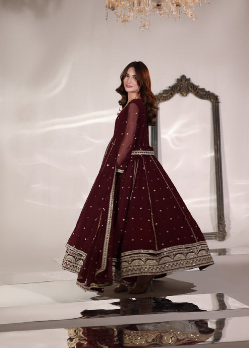 Abaan Zohan Women RTW Embroidered Chiffon 3 Piece Suit Velora Maroon - Festive Collection