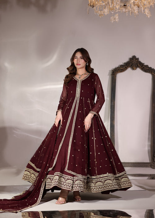 Abaan Zohan Women RTW Embroidered Chiffon 3 Piece Suit Velora Maroon - Festive Collection