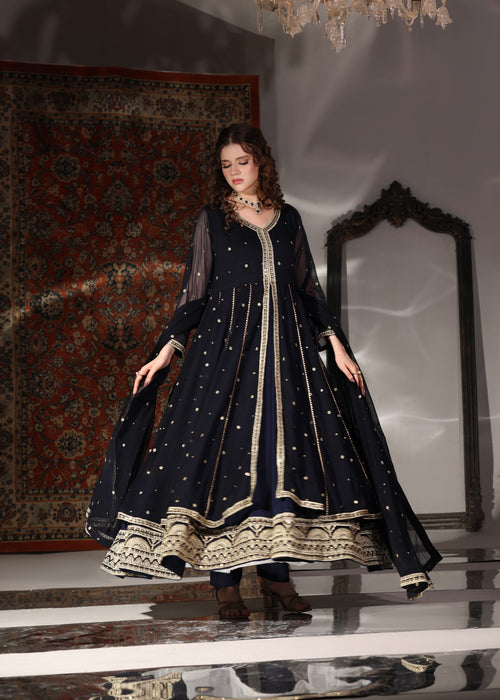 Abaan Zohan Women RTW Embroidered Chiffon 3 Piece Suit Velora Navy Blue - Festive Collection