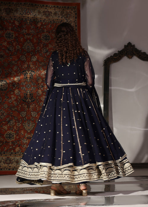 Abaan Zohan Women RTW Embroidered Chiffon 3 Piece Suit Velora Navy Blue - Festive Collection