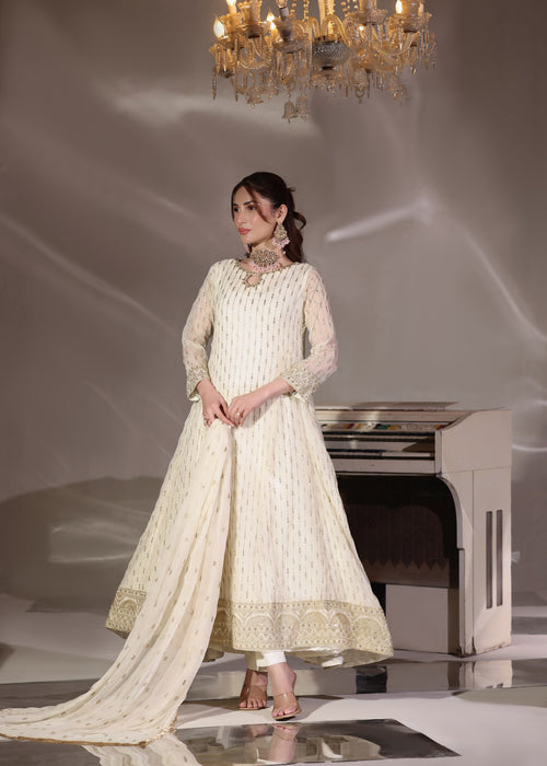 Abaan Zohan Women RTW Embroidered Chiffon 3 Piece Suit Ruby off White - Festive Collection