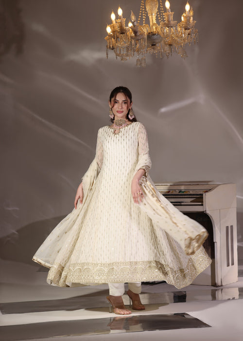 Abaan Zohan Women RTW Embroidered Chiffon 3 Piece Suit Ruby off White - Festive Collection