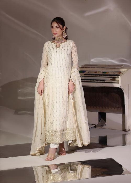 Abaan Zohan Women RTW Embroidered Chiffon 3 Piece Suit Ruby off White - Festive Collection