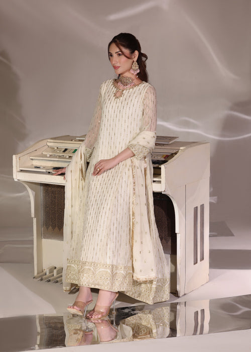Abaan Zohan Women RTW Embroidered Chiffon 3 Piece Suit Ruby off White - Festive Collection