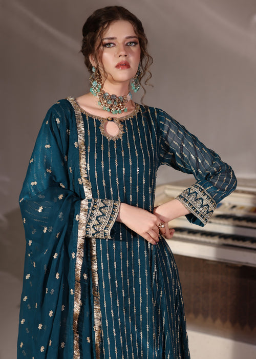 Abaan Zohan Women RTW Embroidered Chiffon 3 Piece Suit Ruby Peacock - Festive Collection