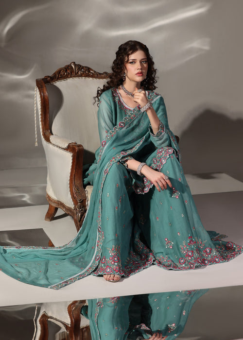 Abaan Zohan Women RTW Embroidered Chiffon 3 Piece Suit Aura Sea Green - Festive Collection