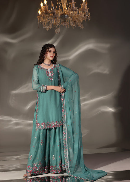 Abaan Zohan Women RTW Embroidered Chiffon 3 Piece Suit Aura Sea Green - Festive Collection