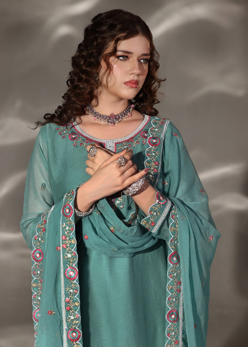 Abaan Zohan Women RTW Embroidered Chiffon 3 Piece Suit Aura Sea Green - Festive Collection