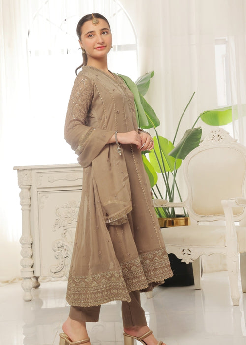 Mommy and Me by Abaan Zohan RTW Embroidered Chiffon 3 Piece Suit Kashish Kids Brown - Festive Collection